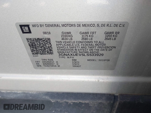 2020 Chevrolet Equinox LT with VIN 3GNAXUEV5LS533929, listed as a IAAI auction lot 41996159 with 46,466 mi miles and . Bid and sale history available at DreamBid. Image 9.