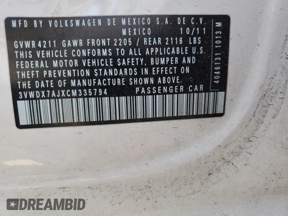 2012 Volkswagen Jetta Sedan SE w/Convenience & Sunroof with VIN 3VWDX7AJXCM335794, listed as a Copart auction lot 47630183 with 0 mi miles and Salvage Title. Bid and sale history available at carsss.com. Image 12.
