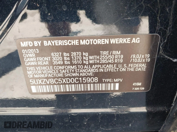 2013 BMW X5 xDrive50i with VIN 5UXZV8C5XD0C15908, listed as a IAAI auction lot 42536233 with 190,627 mi miles and . Bid and sale history available at DreamBid. Image 9.