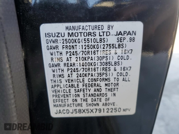 1999 Isuzu Trooper S with VIN JACDJ58X5X7912250, listed as a Copart auction lot 58521665 with 177,038 mi miles and Clean title. Bid and sale history available at DreamBid. Image 13.