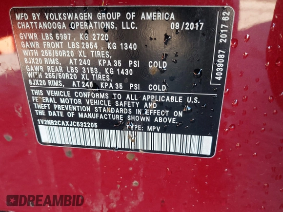 2018 Volkswagen Atlas SEL Premium with VIN 1V2NR2CAXJC532205, listed as a IAAI auction lot 41598269 with 122,975 mi miles and . Bid and sale history available at DreamBid. Image 9.