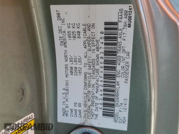 2008 Mitsubishi Eclipse GS with VIN 4A3AK24FX8E037450, listed as a Copart auction lot 68738444 with 171,156 mi miles and Salvage Title. Bid and sale history available at carsss.com. Image 12.