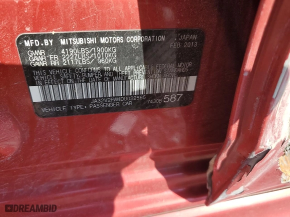 2013 Mitsubishi Lancer SE with VIN JA32V2FW4DU022565, listed as a Copart auction lot 48892565 with 104,892 mi miles and Salvage Title. Bid and sale history available at carsss.com. Image 14.