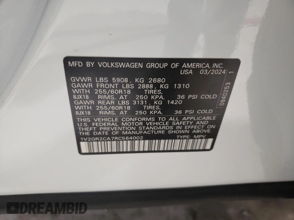 2024 Volkswagen Atlas Peak Edition SEL with VIN 1V2GR2CA7RC564002, listed as a Copart auction lot 85509344 with 111 mi miles and Salvage title. Bid and sale history available at DreamBid. Image 12.