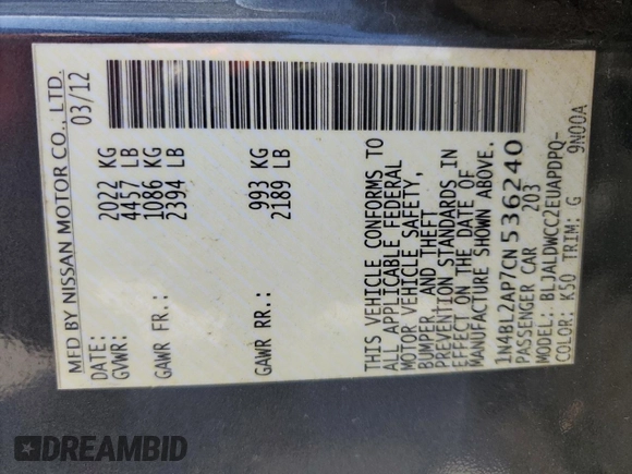 2012 Nissan Altima SR with VIN 1N4BL2AP7CN536240, listed as a Copart auction lot 56028985 with 120,510 mi miles and Salvage Title. Bid and sale history available at DreamBid. Image 12.