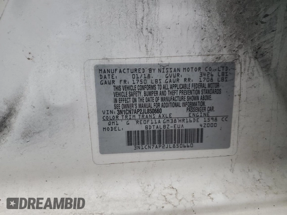 2018 Nissan Versa Sedan SV with VIN 3N1CN7AP2JL850660, listed as a Copart auction lot 46192365 with 113,391 mi miles and Salvage Title. Bid and sale history available at carsss.com. Image 14.