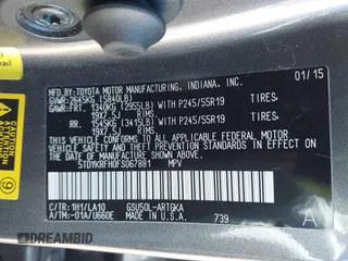 2015 Toyota Highlander Limited with VIN 5TDYKRFH0FS067881, listed as a IAAI auction lot 41272012 with 94,423 mi miles and . Bid and sale history available at DreamBid. Image 9.