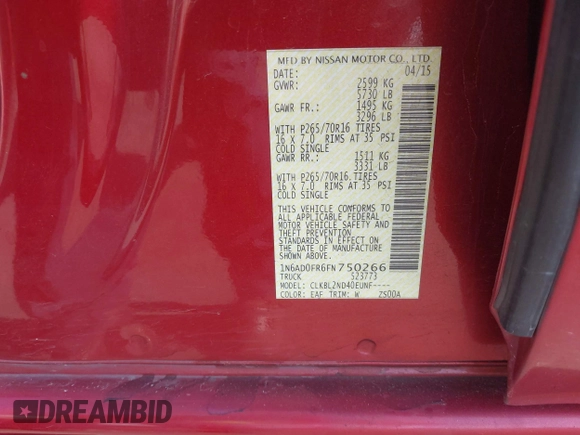 2015 Nissan Frontier SV with VIN 1N6AD0FR6FN750266, listed as a IAAI auction lot 42407458 with 169,951 mi miles and . Bid and sale history available at DreamBid. Image 9.