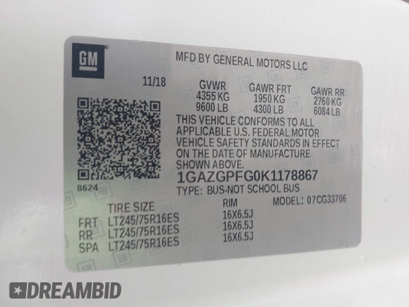2019 Chevrolet Express Passenger LT с VIN 1GAZGPFG0K1178867, выставлен на аукционе IAAI как лот 42593780 с пробегом 247 989 миль миль и . История ставок и продаж доступна на DreamBid. Изображение 9.