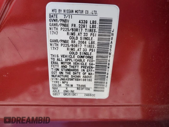 2011 Nissan Rogue SV z VIN JN8AS5MT6BW186180, wystawiony jako Copart lot #57245935 z przebiegiem Nie podano mil oraz Szkoda całkowita • Salvage title. Historia ofert i sprzedaży dostępna na DreamBid. Obrazek 13.
