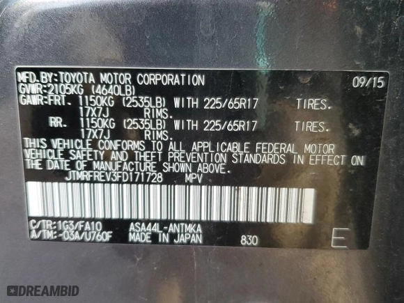 2015 Toyota RAV4 XLE with VIN JTMRFREV3FD171728, listed as a Copart auction lot 51146185 with 72,253 mi miles and Salvage Title. Bid and sale history available at carsss.com. Image 13.