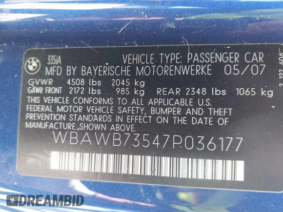 2007 BMW 3 Series 335i with VIN WBAWB73547P036177, listed as a IAAI auction lot 42059589 with 141,931 mi miles and . Bid and sale history available at DreamBid. Image 9.