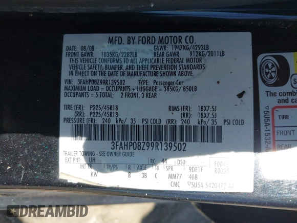 2009 Ford Fusion SEL with VIN 3FAHP08Z99R139502, listed as a IAAI auction lot 42095776 with 89,394 mi miles and . Bid and sale history available at carsss.com. Image 9.