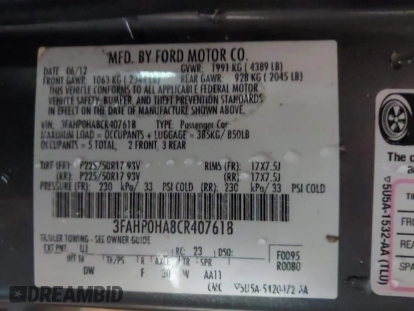 2012 Ford Fusion SE with VIN 3FAHP0HA8CR407618, listed as a IAAI auction lot 42199709 with 124,924 mi miles and . Bid and sale history available at DreamBid. Image 9.