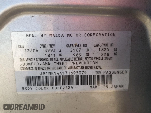 2007 Mazda 3 S Sport with VIN JM1BK144171695079, listed as a Copart auction lot 52050725 with 82,399 mi miles and Salvage Title. Bid and sale history available at DreamBid. Image 12.