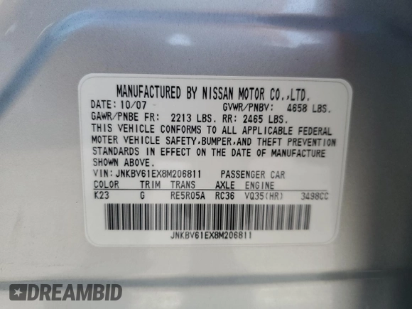 2008 Infiniti G35 Journey with VIN JNKBV61EX8M206811, listed as a Copart auction lot 63681425 with 140,215 mi miles and Salvage title. Bid and sale history available at DreamBid. Image 12.