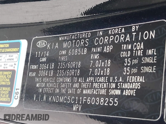 2015 Kia Sedona EX with VIN KNDMC5C11F6038255, listed as a IAAI auction lot 41968284 with 130,765 mi miles. Bid and sale history available at carsss.com. Image 9.