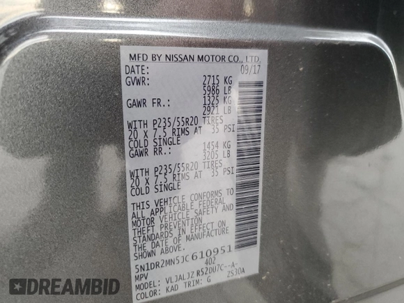 2018 Nissan Pathfinder Platinum z VIN 5N1DR2MN5JC610951, wystawiony jako Copart lot #46655905 z przebiegiem 97 539 mil mil oraz Szkoda całkowita • Salvage title. Historia ofert i sprzedaży dostępna na DreamBid. Obrazek 16.