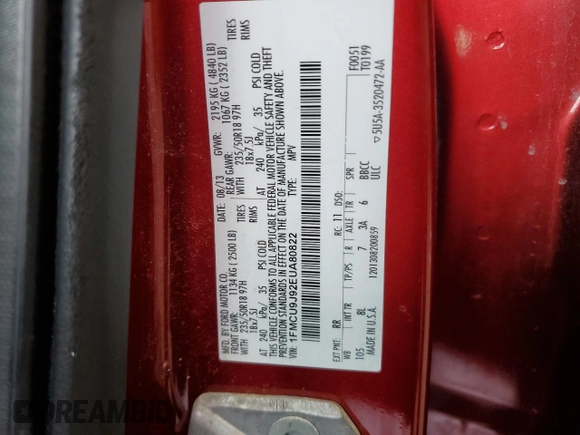 2014 Ford Escape Titanium with VIN 1FMCU9J92EUA80822, listed as a Copart auction lot 47621375 with 235,691 mi miles and Salvage Title. Bid and sale history available at DreamBid. Image 13.