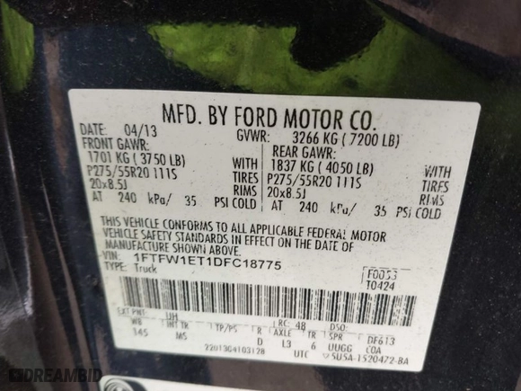 2013 Ford F-150 XL with VIN 1FTFW1ET1DFC18775, listed as a IAAI auction lot 41917133 with 166,973 mi miles. Bid and sale history available at carsss.com. Image 9.