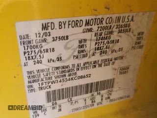 2004 Ford F-150 XLT с VIN 1FTPW14534KC08652, выставлен на аукционе Copart как лот 61236975 с пробегом 197 953 миль миль и Списание • Salvage title. История ставок и продаж доступна на DreamBid. Изображение 12.