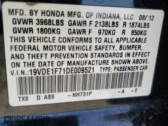 2013 Acura ILX Tech Pkg with VIN 19VDE1F71DE009521, listed as a Copart auction lot 51957595 with 129,268 mi miles and Salvage Title. Bid and sale history available at carsss.com. Image 12.