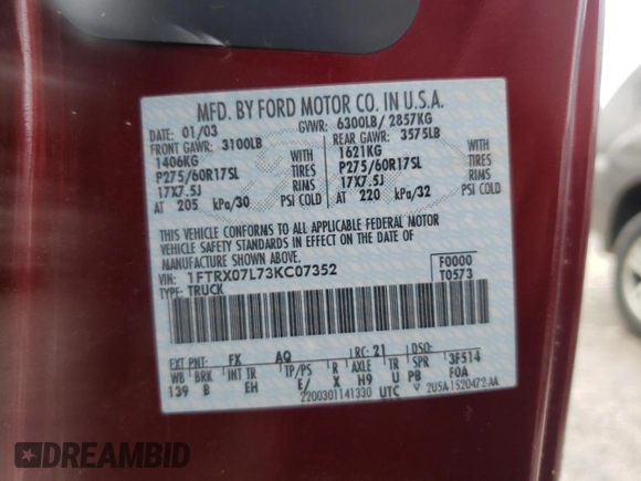 2003 Ford F-150 XL with VIN 1FTRX07L73KC07352, listed as a Copart auction lot 64639214 with 108,003 mi miles and Salvage title. Bid and sale history available at DreamBid. Image 13.