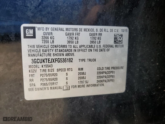 2015 Chevrolet Silverado 1500 High Country with VIN 3GCUKTEJXFG536182, listed as a Copart auction lot 72272584 with 143,071 mi miles and Salvage Title. Bid and sale history available at carsss.com. Image 12.