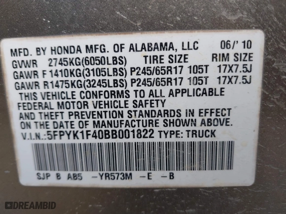 2011 Honda Ridgeline RTS with VIN 5FPYK1F40BB001822, listed as a IAAI auction lot 41448946 with 204,620 mi miles. Bid and sale history available at carsss.com. Image 9.