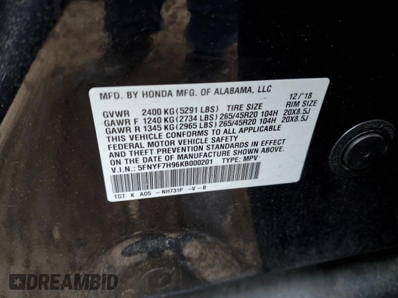2019 Honda Passport Touring z VIN 5FNYF7H96KB000201, wystawiony jako Copart lot #73759134 z przebiegiem Nie podano mil oraz Szkoda całkowita • Salvage title. Historia ofert i sprzedaży dostępna na DreamBid. Obrazek 14.