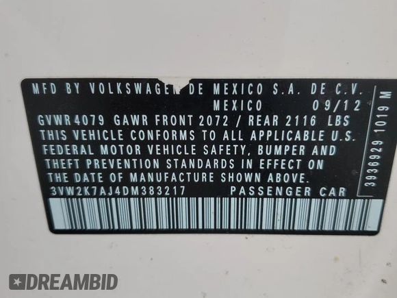 2013 Volkswagen Jetta S with VIN 3VW2K7AJ4DM383217, listed as a Copart auction lot 61620015 with 108,043 mi miles and Salvage title. Bid and sale history available at DreamBid. Image 12.