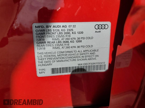 2022 Audi Q3 S line Premium with VIN WA1DECF33N1150413, listed as a Copart auction lot 43773895 with 43,800 mi miles and Salvage Title. Bid and sale history available at DreamBid. Image 15.