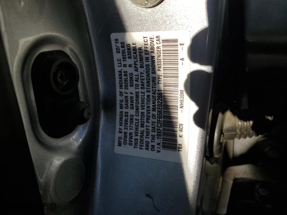2019 Honda Civic Sedan LX with VIN 19XFC2F65KE022661, listed as a Copart auction lot 83552494 with 42,206 mi miles and Salvage Title. Bid and sale history available at carsss.com. Image 12.