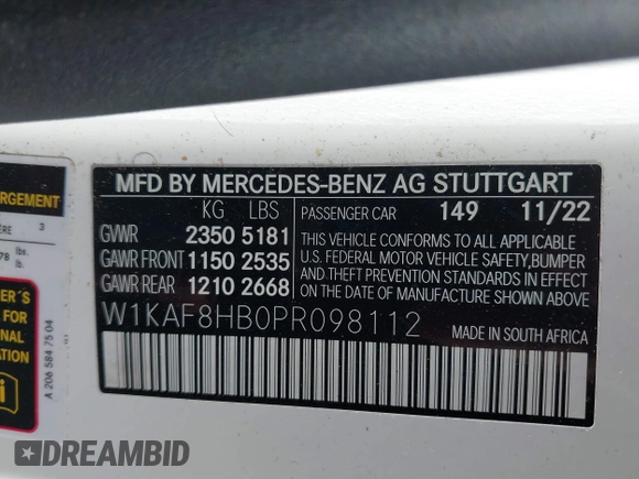 2023 Mercedes-Benz C 43 AMG with VIN W1KAF8HB0PR098112, listed as a IAAI auction lot 41512059 with 22,178 mi miles and . Bid and sale history available at DreamBid. Image 9.