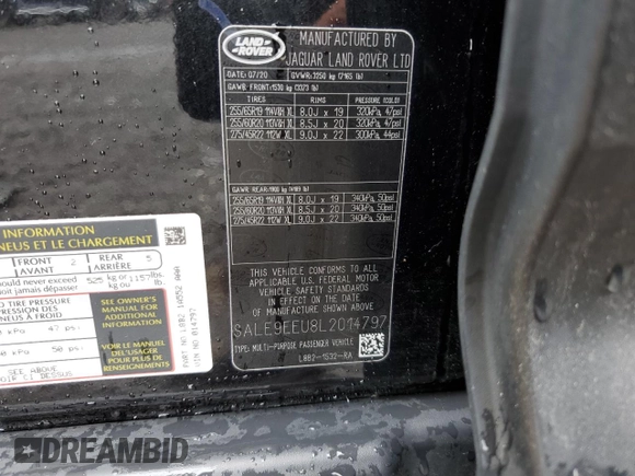 2020 Land Rover Defender HSE with VIN SALE9EEU8L2014797, listed as a Copart auction lot 60465465 with 43,427 mi miles and Salvage title. Bid and sale history available at DreamBid. Image 13.