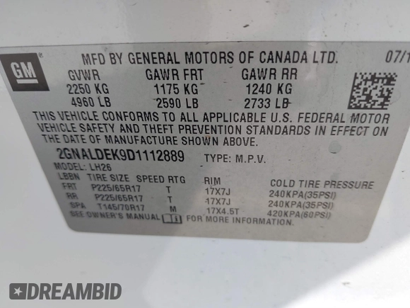 2013 Chevrolet Equinox LT z VIN 2GNALDEK9D1112889, wystawiony jako IAAI lot #40499807 z przebiegiem 112 144 mil mil oraz . Historia ofert i sprzedaży dostępna na DreamBid. Obrazek 9.