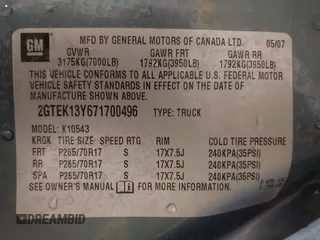 2007 GMC Sierra 1500 with VIN 2GTEK13Y671700496, listed as a IAAI auction lot 41233730 with 225,186 mi miles and . Bid and sale history available at DreamBid. Image 9.