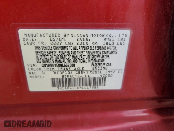 2009 Nissan Sentra S FE+ with VIN 3N1AB61E09L667388, listed as a Copart auction lot 53676485 with Not provided miles and Salvage title. Bid and sale history available at DreamBid. Image 14.