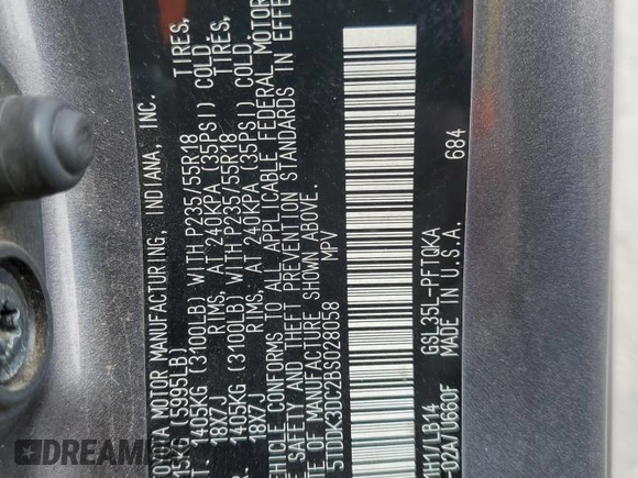 2011 Toyota Sienna XLE with VIN 5TDDK3DC2BS028058, listed as a Copart auction lot 54374215 with 216,905 mi miles and Salvage Title. Bid and sale history available at DreamBid. Image 13.