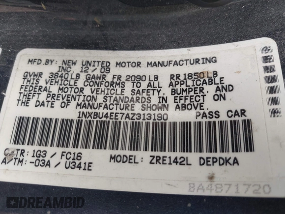 2010 Toyota Corolla z VIN 1NXBU4EE7AZ313190, wystawiony jako IAAI lot #42071393 z przebiegiem Nie podano mil oraz . Historia ofert i sprzedaży dostępna na DreamBid. Obrazek 9.