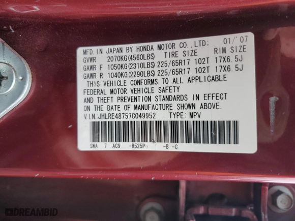 2007 Honda CR-V EX-L with VIN JHLRE48757C049952, listed as a Copart auction lot 41532885 with 140,926 mi miles and Salvage Title. Bid and sale history available at carsss.com. Image 13.