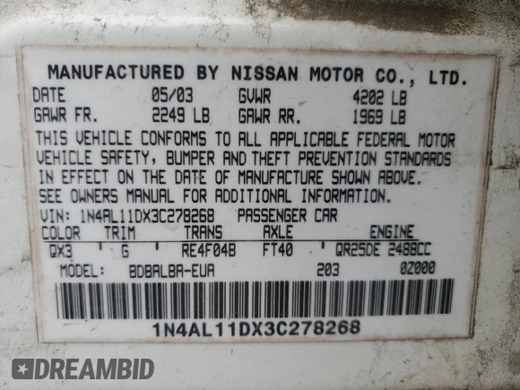 2003 Nissan Altima S with VIN 1N4AL11DX3C278268, listed as a Copart auction lot 50234675 with 0 mi miles and Salvage Title. Bid and sale history available at carsss.com. Image 15.