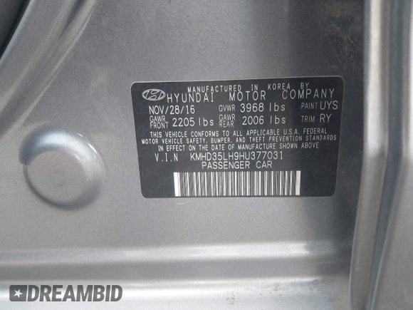 2017 Hyundai Elantra z VIN KMHD35LH9HU377031, wystawiony jako IAAI lot #41762312 z przebiegiem Nie podano mil oraz . Historia ofert i sprzedaży dostępna na DreamBid. Obrazek 9.