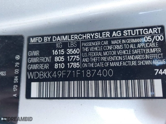 2001 Mercedes-Benz SLK-Class Kompressor with VIN WDBKK49F71F187400, listed as a IAAI auction lot 41234092 with 168,219 mi miles. Bid and sale history available at carsss.com. Image 9.