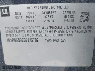 2011 Chevrolet Cruze LT w/2LT with VIN 1G1PG5S92B7235702, listed as a IAAI auction lot 42100947 with 85,759 mi miles. Bid and sale history available at carsss.com. Image 9.