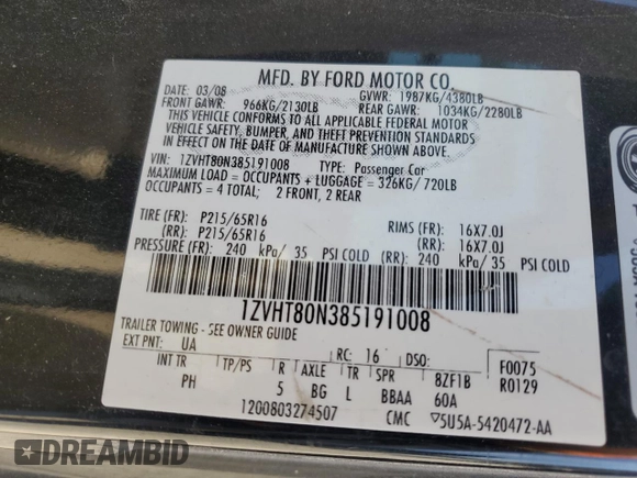 2008 Ford Mustang Deluxe with VIN 1ZVHT80N385191008, listed as a Copart auction lot 49577255 with 221,173 mi miles and Clean Title. Bid and sale history available at carsss.com. Image 12.