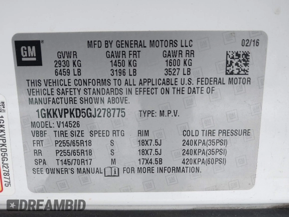 2016 GMC Acadia SLE with VIN 1GKKVPKD5GJ278775, listed as a IAAI auction lot 41277678 with 107,754 mi miles and . Bid and sale history available at DreamBid. Image 9.