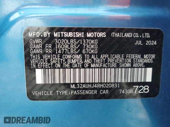 2024 Mitsubishi Mirage ES with VIN ML32AUHJ4RH020831, listed as a Copart auction lot 61761915 with 12,851 mi miles and Clean title. Bid and sale history available at DreamBid. Image 12.