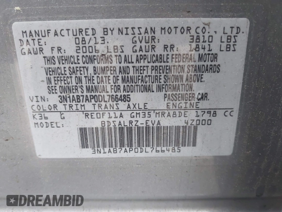 2013 Nissan Sentra SR z VIN 3N1AB7AP0DL766485, wystawiony jako IAAI lot #42188309 z przebiegiem 140 337 mil mil oraz . Historia ofert i sprzedaży dostępna na DreamBid. Obrazek 9.