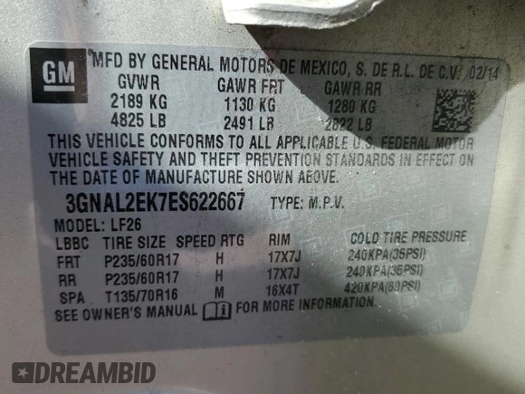 2014 Chevrolet Captiva Sport LS with VIN 3GNAL2EK7ES622667, listed as a Copart auction lot 83084764 with 135,423 mi miles and Salvage Title. Bid and sale history available at carsss.com. Image 15.